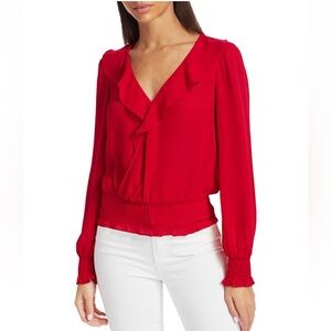 Parker Red Silk Ruffle Long Sleeve Romantic VNeck Blouse
